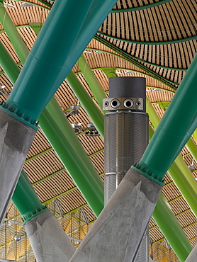 Coloured supports detail with ventilation cylinder, New Terminal Building, Barajas Airport, Madrid, Spain, Europe