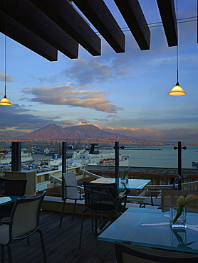 Hotel Romeo restaurant terrace and Mount Vesuvius, Naples, Campania, Italy, Europe