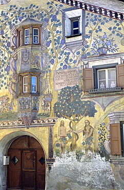 Medieval wall painting in Ardez village, Graubunden, Engadin, Switzerland, Europe
