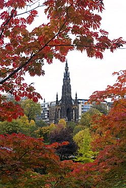 Autumn view of the Walter Scott Memorial from Princes Gardens, Edinburgh, Scotland, United Kingdom, Europe