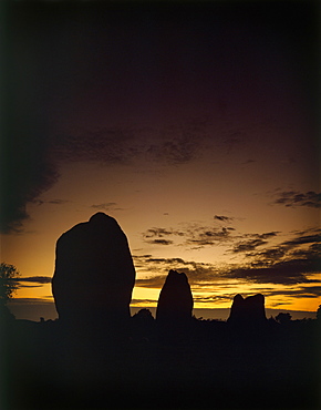 Sunrise with three stones, Avebury, UNESCO World Heritage Site, Wiltshire, England, United Kingdom, Europe