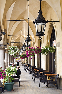 Hanging baskets outside a cafe on a arched walkway outside the Cloth Hall (Sukiennice), Rynek Glowny (Town Square) Krakow, Poland, Europe