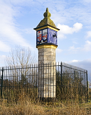 View showing sundial and family shields, Countess Pillar, dating from 1656, Cumbria, England, United Kingdom, Europe