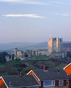 View of castle from southeast with modern houses in the foreground, Conisbrough Castle, South Yorkshire, Yorkshire, England, United Kingdom, Europe