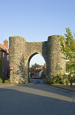 View from the north of the Bailey Gate, Castle Acre, Norfolk, England, United Kingdom, Europe