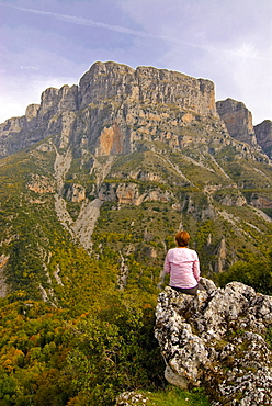 Woman looking at the Vikos Gorge, Epiros, Greece, Europe