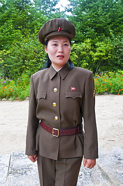 Woman soldier at the famous Myohyang Mountains, North Korea, Asia