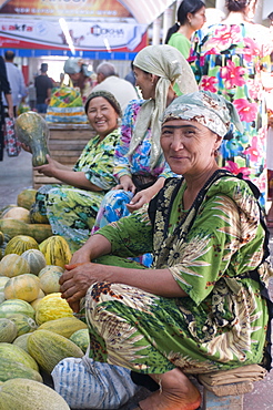 Market women selling pumpkins, Khojand, Tajikistan, Central Asia, Asia