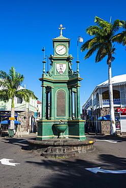 The Circus with the Victorian style Memorial clock, Basseterre, St. Kitts, St. Kitts and Nevis, Leeward Islands, West Indies, Caribbean, Central America