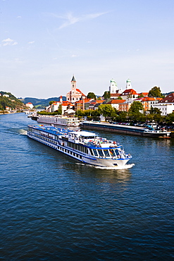 Cruise ship passing on the River Danube, Passau, Bavaria, Germany, Europe 