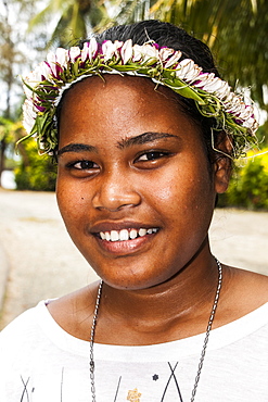 Young girl with flowers in her hair, Island of Yap, Federated States of Micronesia, Caroline Islands, Pacific