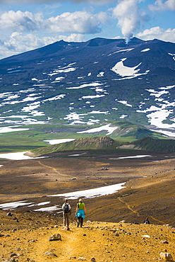 Tourists hiking to the smoking Gorely volcano, Kamchatka, Russia, Eurasia 