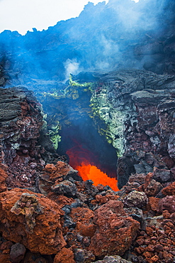 Active magma in a stream below the Tolbachik volcano, Kamchatka, Russia, Eurasia 