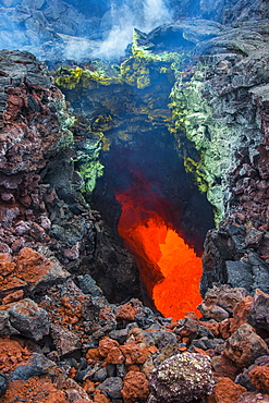 Active magma in a stream below the Tolbachik volcano, Kamchatka, Russia, Eurasia 