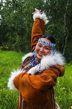 Traditionally dressed Koryak woman, the native people of Kamchatka, Esso, Russia, Eurasia