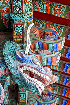 Coloured wooden roof in the Bulguksa Temple, Gyeongju, UNESCO World Heritage Site, South Korea, Asia