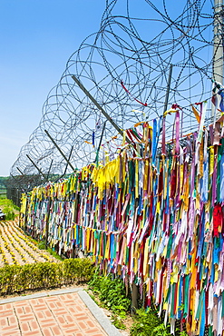 Colourful ribbons at the high security border between South and North Korea, Panmunjom, South Korea, Asia