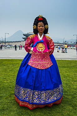 Traditional dressed woman with a special hair style, Gyeongbokgung palace, Seoul, South Korea, Asia