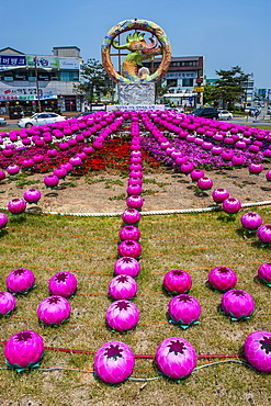 Colourful lanterns around the King Seong statue, Buyeo, South Korea, Asia