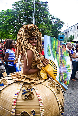 Colourfully dressed woman on the Carneval in Santo Domingo, Dominican Republic, West Indies, Caribbean, Central America