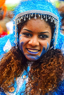 Colourfully dressed woman on the Carneval in Santo Domingo, Dominican Republic, West Indies, Caribbean, Central America