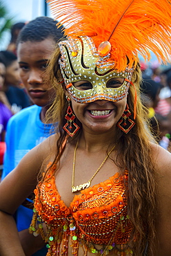 Colourfully dressed woman on the Carneval in Santo Domingo, Dominican Republic, West Indies, Caribbean, Central America