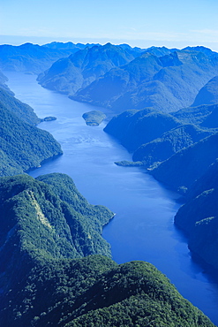 Aerial of a huge fjord in Fiordland National Park, UNESCO World Heritage Site, South Island, New Zealand, Pacific