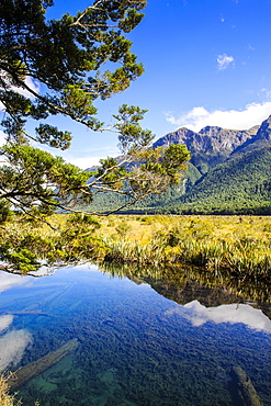 Mountains reflecting in the Mirror Lakes, Eglinton Valley, Fiordland National Park, UNESCO World Heritage Site, South Island, New Zealand, Pacific