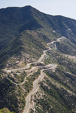 Very curvy road leading from the highlands into Filfil, only rainforest area in Eritrea, Africa