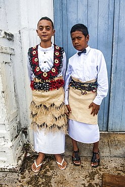 Traditiional dressed boys at a church service in Neiafu, Vavau, Vavau Islands, Tonga, South Pacific, Pacific