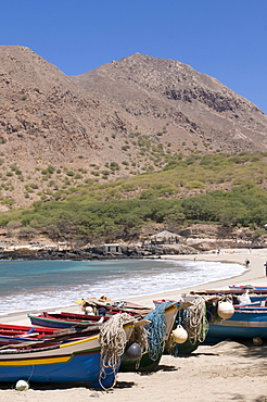 Fishing boats on sandy beach of Tarrafal, Santiago, Cape Verde Islands, Atlantic, Africa