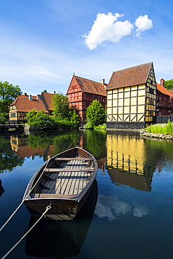 Little boat in a pond in the Old Town, Den Gamle By, open air museum in Aarhus, Denmark, Scandinavia, Europe