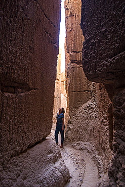 Woman standing in the sandstone chimneys in the Cathedral Gorge State Park, Nevada, United States of America, North America