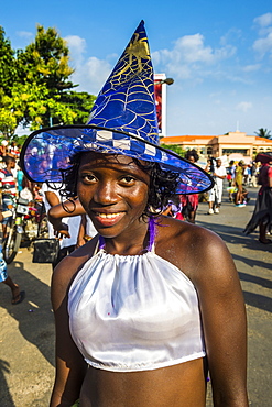 Girl posing at the Carneval in the town of Sao Tome, Sao Tome and Principe, Atlantic Ocean, Africa