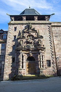 Ornamented entrance gate at the Renaissance Plassenburg Castle, Kulmbach, Upper Franconia, Bavaria, Germany, Europe