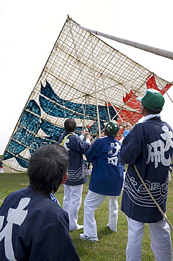 Sagami Kite Festival which boasts the largest kite in Japan at over 14  meters square and 1000 kg in weight, Sagamihara, Kanagawa, Japan, Asia