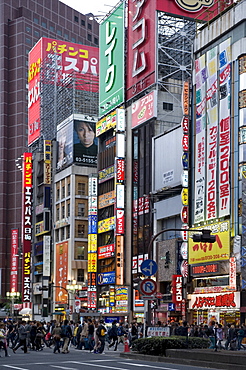 Neon signs light up the Kabukicho entertainment district in Shinjuku, Tokyo, Japan, Asia