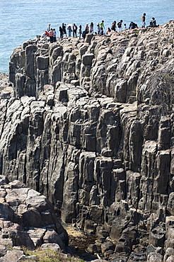 The rugged basaltic cliffs called Tojimbo in Sakai on the Sea of Japan coast, a popular tourist attraction, Fukui, Japan