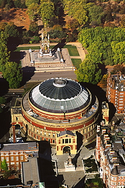 Aerial image of the Royal Albert Hall, and the Albert Memorial in Kensington Gardens, London, England, United Kingdom, Europe