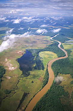 Aerial image of Yuruani River near Masu-paru-mota, Canaima National Park, UNESCO World Heritage Site, La Gran Sabana, Bolivar State, Venezuela, South America