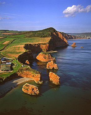 Aerial image of Rock Stacks, Otter Sandstone of Triassic age, Ladram Bay, Devon, England, United Kingdom, Europe