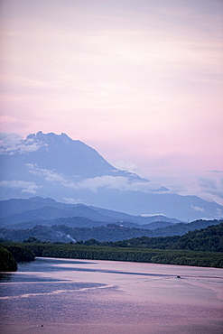 A view of Mount Kinabalu over Menkabong River, Sabah, Malaysian Borneo, Malaysia, Southeast Asia, Asia 