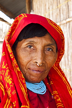 Kuna woman with gold nose ring, San Blas Islands, Panama, Central America