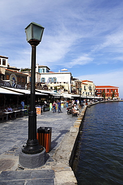 Bars and restaurants around the Venetian harbour of the Mediterranean port of Chania (Canea), Crete, Greek Islands, Greece, Europe