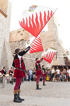 Flag bearers show, Ibiza cathedral, Medieval Party, Dalt Vila, Old Town, Ibiza, Balearic Islands, Spain, Mediterranean, Europe