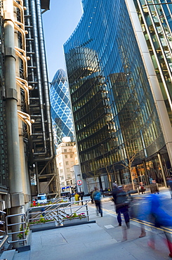 Lloyds Building on the left, with The Gherkin (30 St. Mary Axe) in the background, City of London, London, England, United Kingdom, Europe