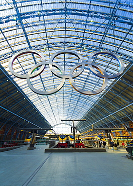 St. Pancras International Railway Station, Olympic Rings and Eurostar Trains, London, England, United Kingdom, Europe