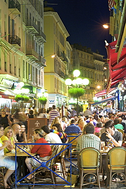 Night-time view of restaurant in the pedestrian zone of Rue Massena, Nice, Provence, Cote d'Azur, French Riviera, France, Mediterranean, Europe