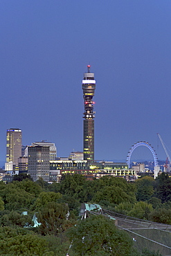 A view of the London skyline from Primrose Hill showing the BT tower and the London Eye, London, England, United Kingdom, Europe