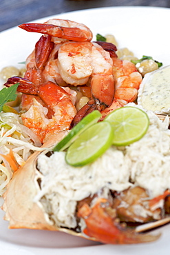 Prawns and crab dish at Guludo Beach Lodge in the Quirimbas National Park in northern Mozambique, Africa